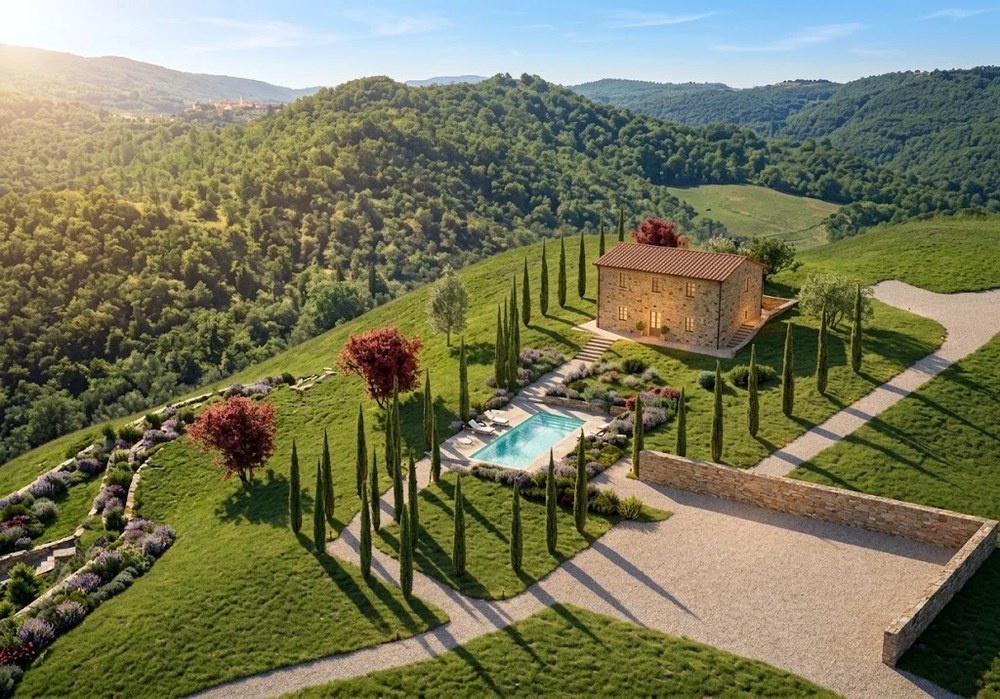 Rendering aereo della proprietà restaurata di giorno