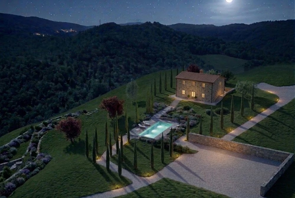 Rendering aereo del podere restaurato di notte