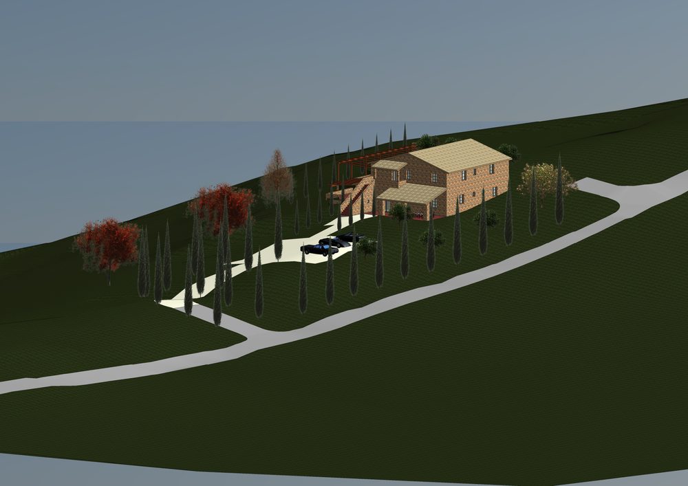 Render del viale di accesso alberato di cipressi
