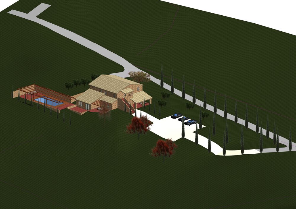 Render dell'architetto del corpo padronale restaurato con piscina